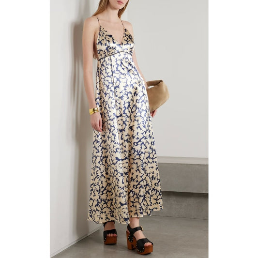 NWT Ulla Johnson Navy Beige Floral Print Sleeveless Evie Satin Dress Womens 0