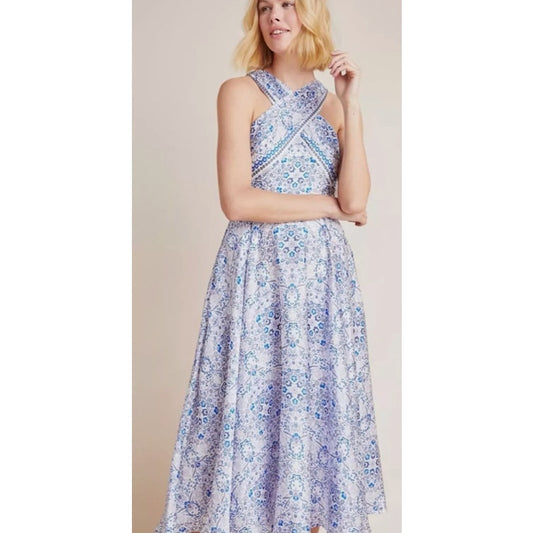 Monique Lhuillier Blue White Floral Print Melete Crossover Midi Dress Womens 8