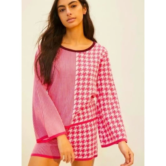 NWT Dolan Sierra Pink Stripe Houndstooth Geo Print Long Sleeve Top Womens XL
