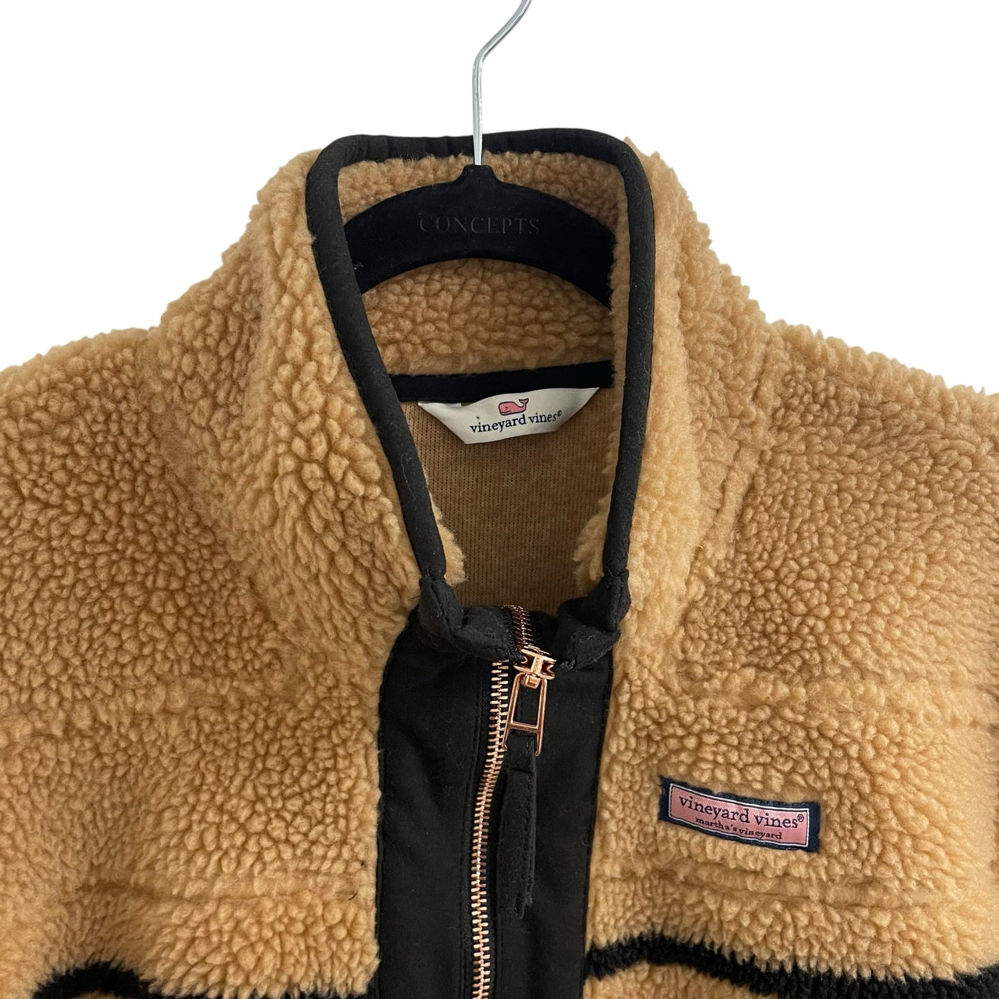 Vineyard Vines Sherpa Fleece Breton Stripe SuperShep Half Zip Tan Black Medium