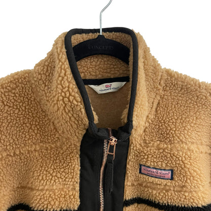 Vineyard Vines Sherpa Fleece Breton Stripe SuperShep Half Zip Tan Black Medium