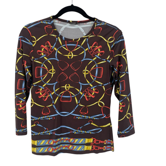 J. McLaughlin Equestrian Themed Catalina Cloth Horsebit Print Top Brown Small
