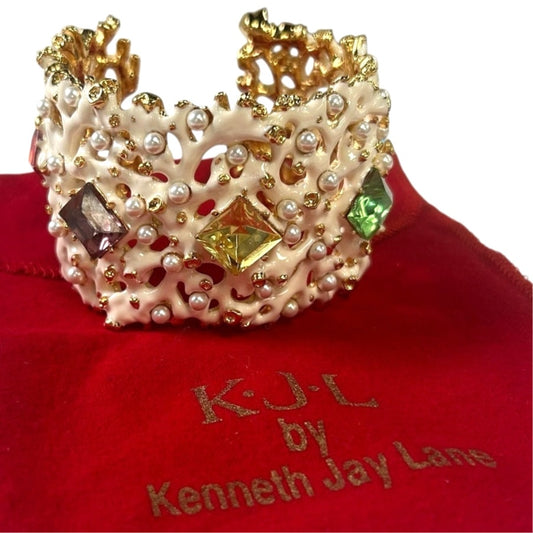 KJL by Kenneth Jay Lane Coral Enamel Pearl & Gem Embellished Cuff Bracelet