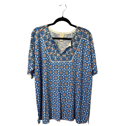 Chico’s Blue Orange Geometric Print Short Sleeve V Neck Ramie Top Womens 20