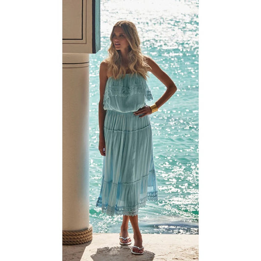 Melissa Odabash Blue Clara Celeste Strapless Tiered Midi Dress Womens Large
