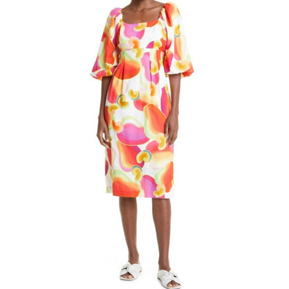 Farm Rio Cashew Juice Print Linen Blend Square Neck Midi Dress Womens Medium
