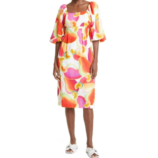 Farm Rio Cashew Juice Print Linen Blend Square Neck Midi Dress Womens Medium