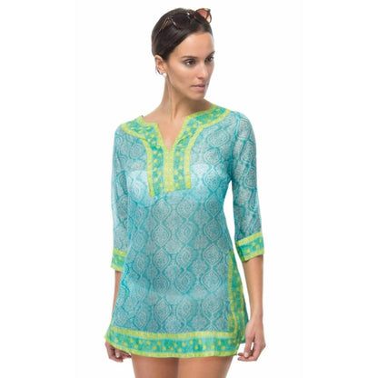 Gretchen Scott Turquoise Lime 3/4 Sleeve Easy Breezy Silk Tunic Womens Large