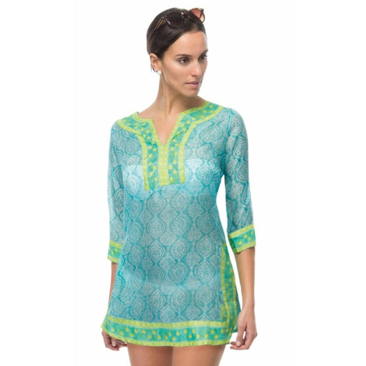 Gretchen Scott Turquoise Lime 3/4 Sleeve Easy Breezy Silk Tunic Womens Large