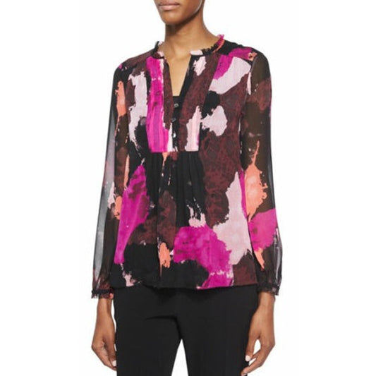 Diane von Furstenberg Silk Sheer Sleeve Button Front Annalise Top Womens Size 12