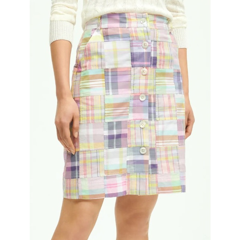Brooks Brothers Cotton A Line Button Front Madras Pastel Plaid Skirt Womens 6