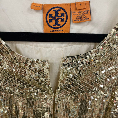 Tory Burch Metallic Gold Sequin Sleeveless Silk Sheath Dress Womens Size 8
