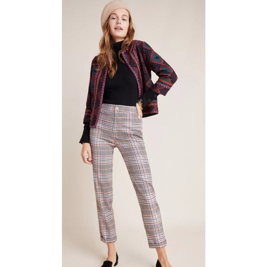 by Anthropologie Malcolm Plaid Tapered Slim Fit Front Zip Trousers Womens 12