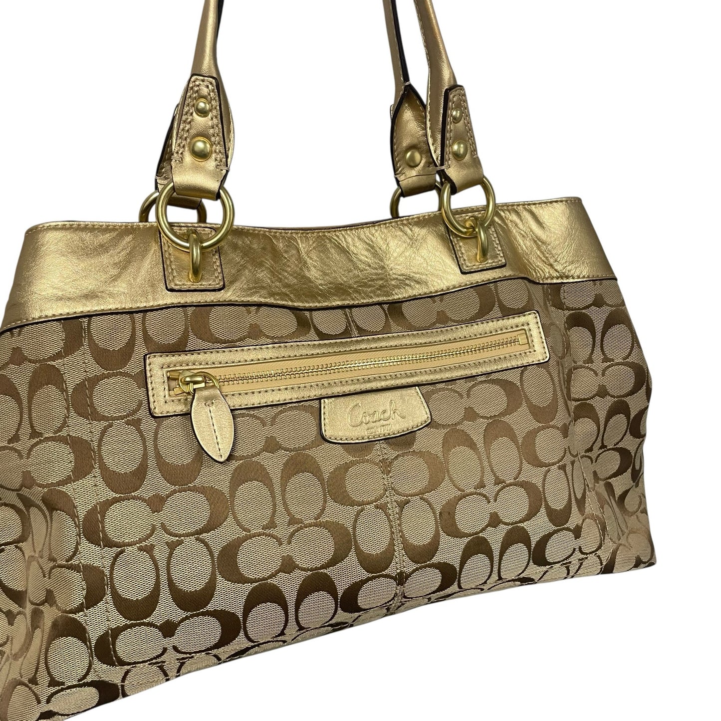 Coach Signature Logo Print Beige Brown Penelope Satchel with Gold Leather Trim