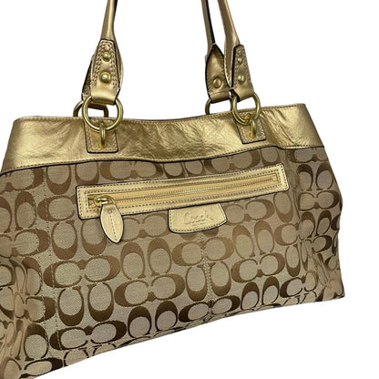 Coach Signature Logo Print Beige Brown Penelope Satchel with Gold Leather Trim