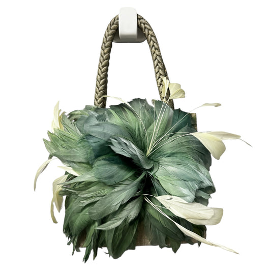 NWT Mother Plucker Feather Company Khaki Sage Green Feather Silk Top Handle Bag