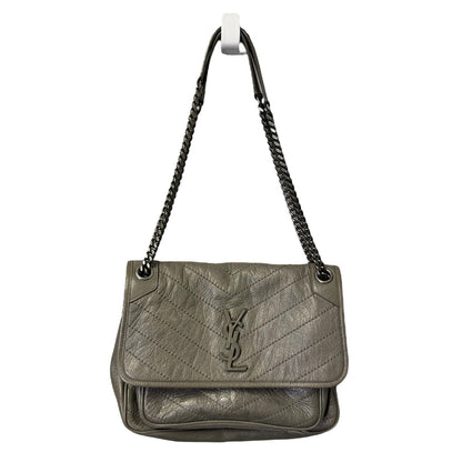 Yves Saint Laurent Fog Grey Crinkled Calfskin Monogram Niki Chain Satchel