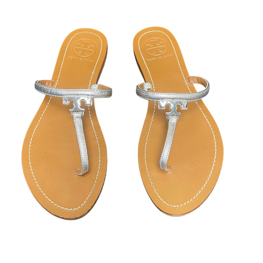 Tory Burch Metallic Silver T Logo T Strap Leather Sandals Womens 7.5