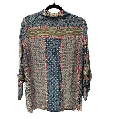 Johnny Was Blue Multicolor Floral Geometric Print Longline Shirt Womens Large