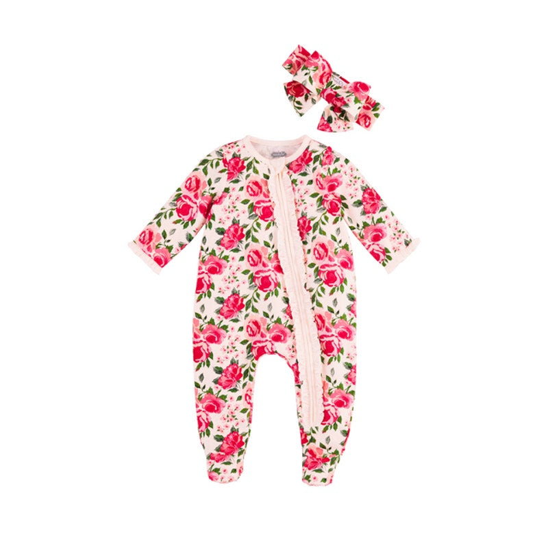 Mud Pie Rose Print Baby Cotton Sleeper Set with Headband Girls 3-6 Months