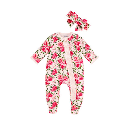 Mud Pie Rose Print Baby Cotton Sleeper Set with Headband Girls 3-6 Months