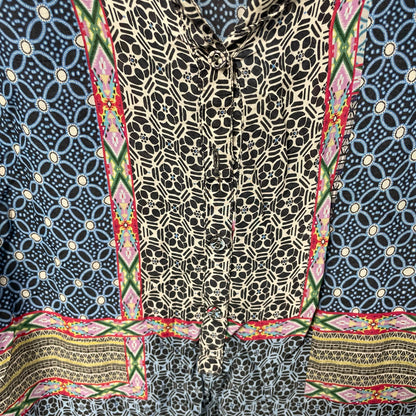 Johnny Was Blue Multicolor Floral Geometric Print Longline Shirt Womens Large