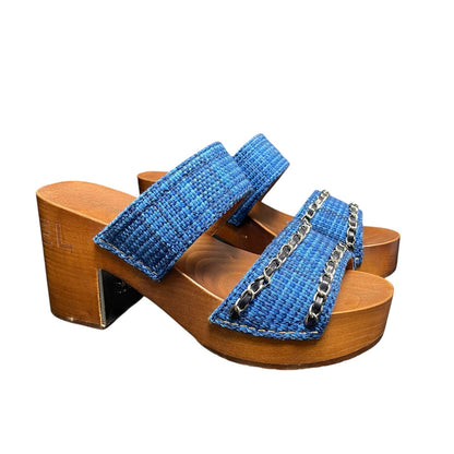 Chanel Chain Platform Slide Sandals Tweed Wood Heel Blue Brown Womens 40 / US 9