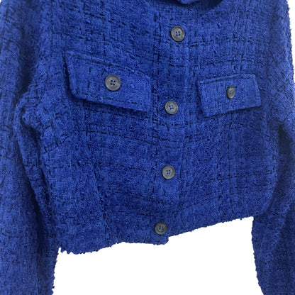 Maeve by Anthropologie Button Up Cropped Tweed Blazer Royal Blue Womens Medium
