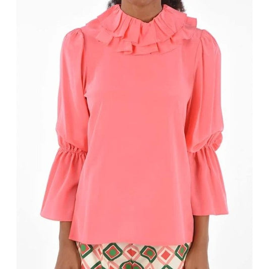 NWT Tory Burch Vivid Pink Long Sleeve Silk Draped Collar Blouse Womens Medium