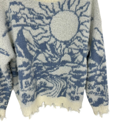 Altar’d State Cream Blue Sun Mountain Scene Raw Hem Sweater Womens Medium