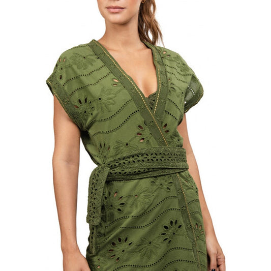 NWT Despi Green Eyelet Short Sleeve Belted Cover Up Top Womens Size Small