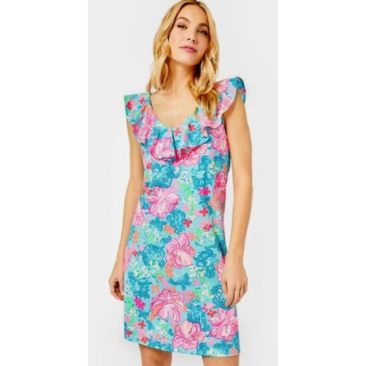 Lilly Pulitzer Alessa Ruffle Dress Surf Blue Luscious Lions Print Womens XXS