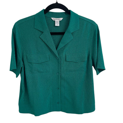 Athleta Short Sleeve Button Up Echo Top in Dark Green Womens Size Small