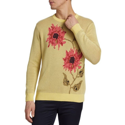 Saks Fifth Avenue Floral Intarsia Sweater Lemonade Yellow and Pink Mens Large