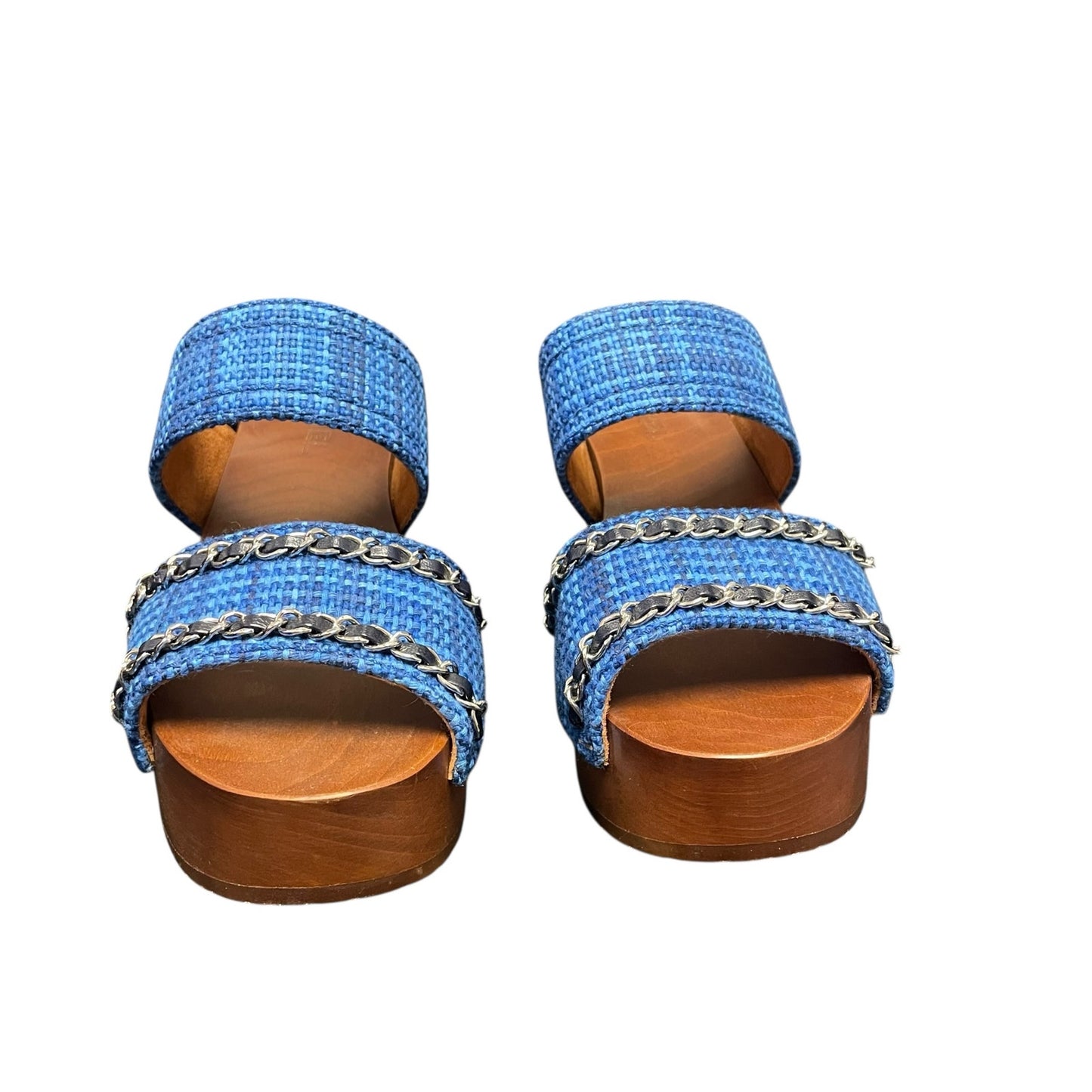 Chanel Chain Platform Slide Sandals Tweed Wood Heel Blue Brown Womens 40 / US 9