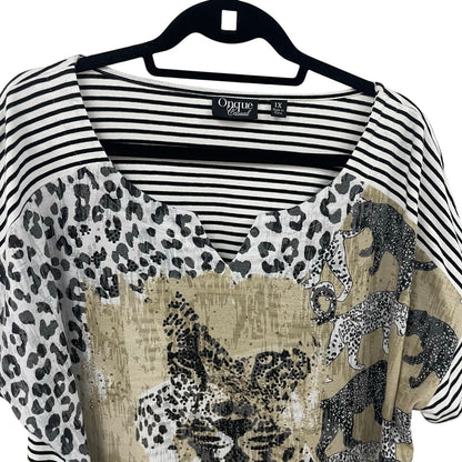 Onque Casual Short Sleeve Striped Cheetah Cat Print Top Womens Plus Size 1X