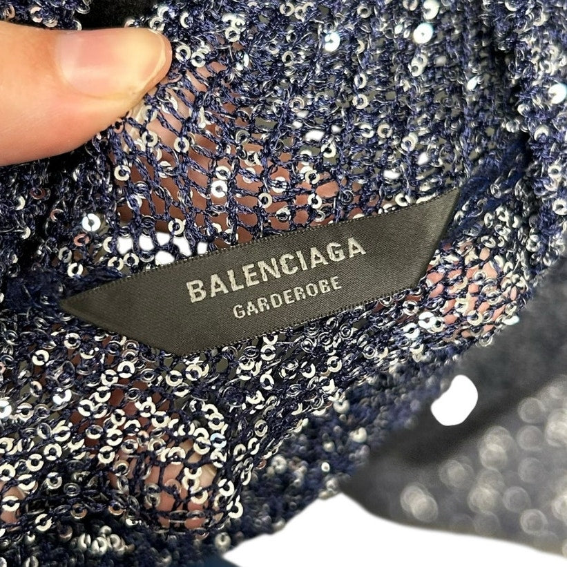 NWT Balenciaga Navy Sequined Metallic Knit Turtleneck Maxi Dress Womens Small