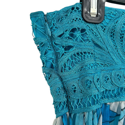 Issue Y2K Silk Blue Printed Embroidered Bodice Halter Mini Dress Womens Size 6
