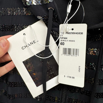NWT Chanel Black Sequin Embellished Sleeveless Hooded Zip Up Vest Womens 6