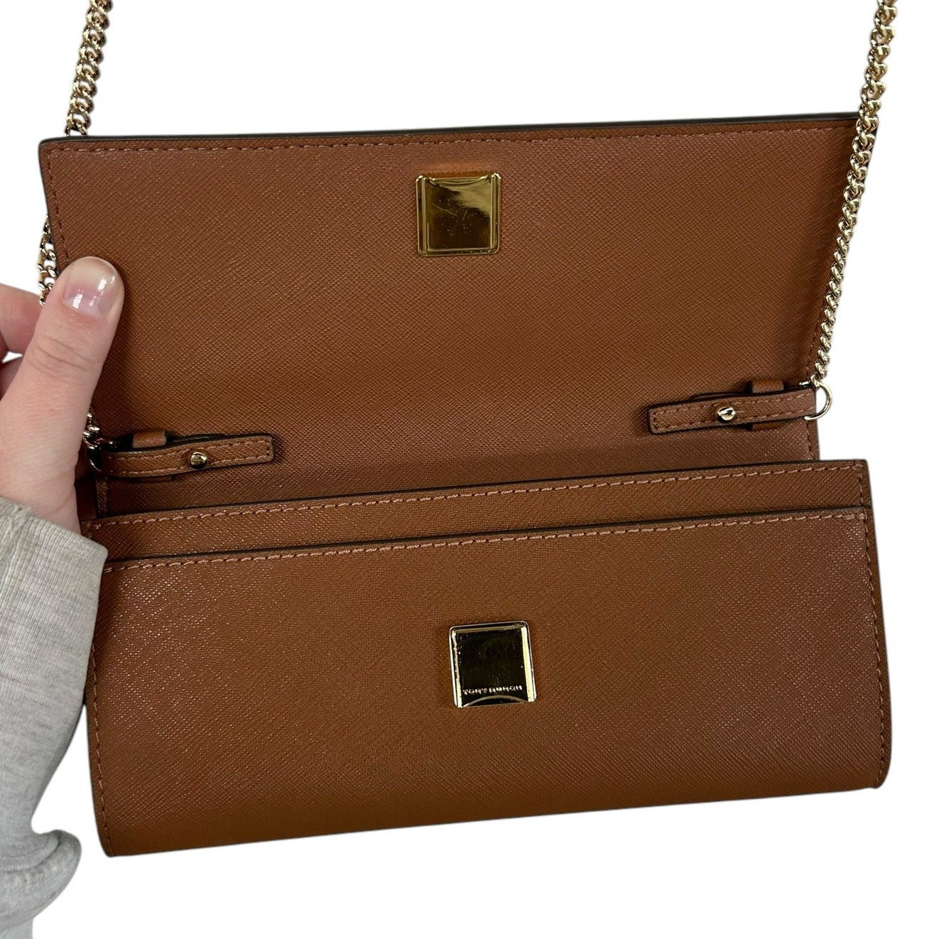 Tory Burch Brown Leather Gold Chain Fold Over Card Slot Crossbody / Clutch