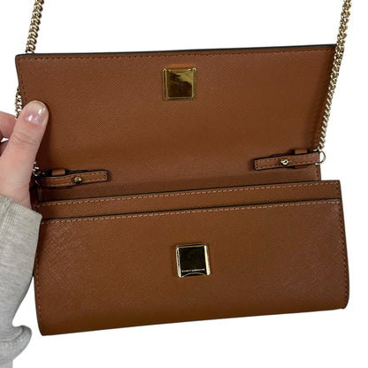 Tory Burch Brown Leather Gold Chain Fold Over Card Slot Crossbody / Clutch