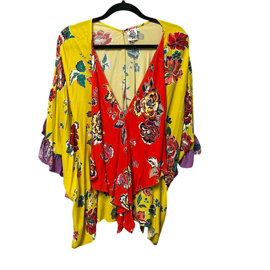 Ivy Jane Oversized Deep V Neck Multicolor Floral Ruffle Sleeve Top Womens XS