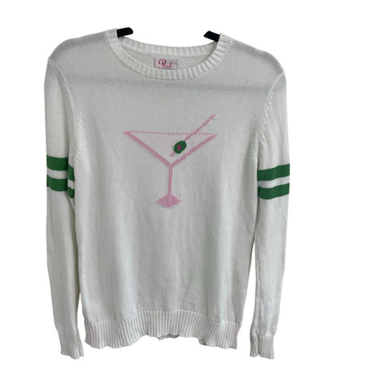 Pink Pineapple Martini Time Sweater White Pink Green Knit Crewneck Womens Small