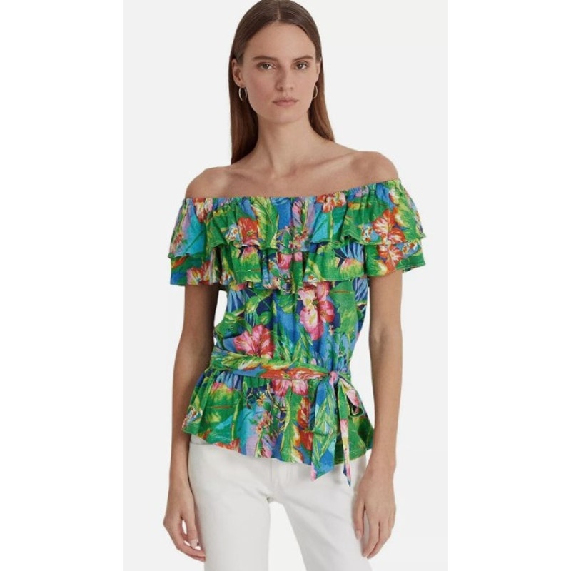 Lauren Ralph Lauren Floral Jersey Off The Shoulder Tie Front Top Womens Small
