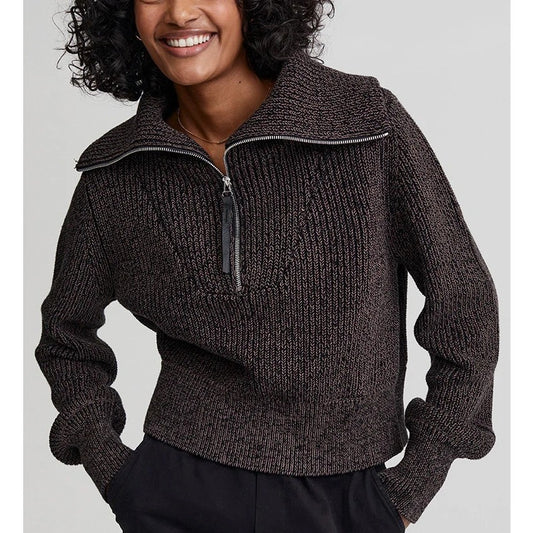 Varley Mentone Knit Half Zip Brown Black Speckle Sweater Womens Size XS