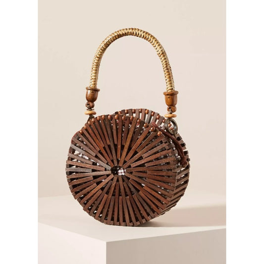 by Anthropologie Wooden Drawstring Closure Wicker Top Handle Tote