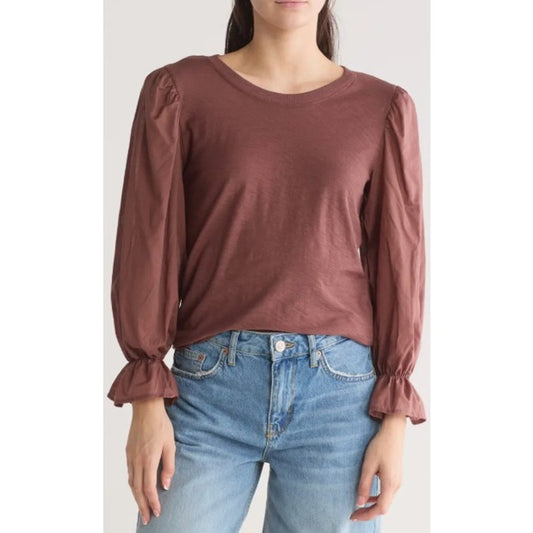 Nation Ltd Carly Volume Sleeve Pima Cotton Top Mauve Brown Womens Medium