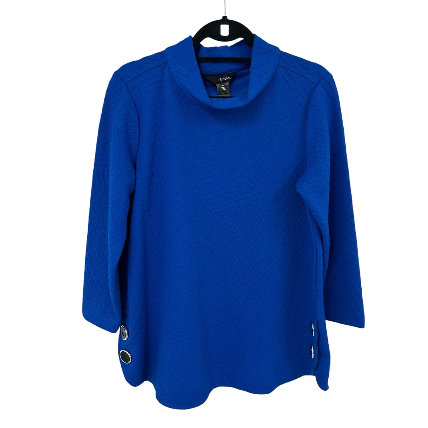 Ali Miles Cobalt Blue Mock Neck Button Accent Pullover Top Womens Medium