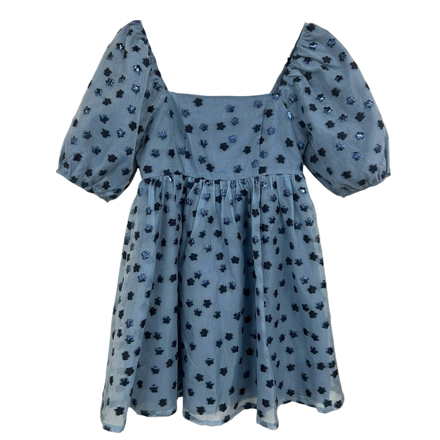 TCEC Navy Blue Floral Print Short Puff Sleeve Babydoll Mini Dress Womens Small