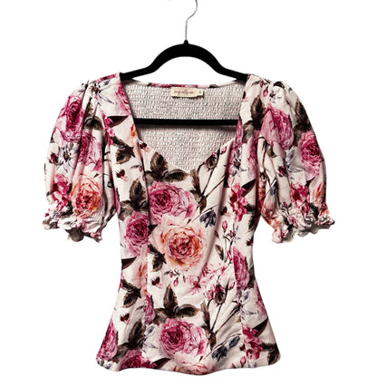 Ivy City Co White Pink Rose Print Puff Sleeve Square Neck Top Womens X-Small
